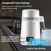 1.1Gal Water Distiller, 0.3Gal/H, 750W Distilled Water Maker Machine 0-99H Timing Set Temp Display, 304 Stainless Steel Countertop Distiller Plastic Carafe Cleaning Powder 3 Carbon Packs, White